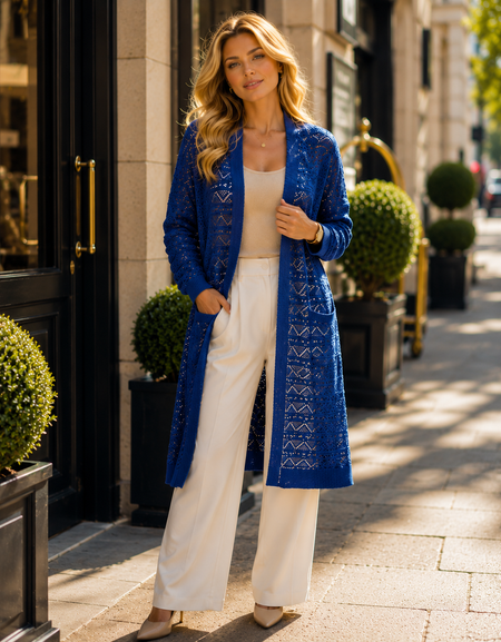 Cardigan Long Femme avec Ceinture en Maille Ajourée – Élégant & Tendance