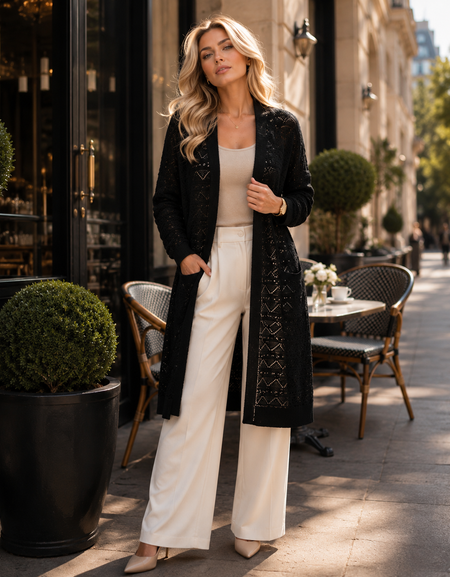 Cardigan Long Femme avec Ceinture en Maille Ajourée – Élégant & Tendance