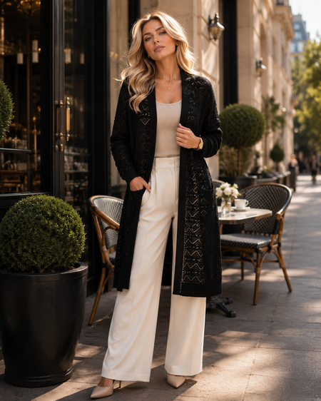 Cardigan Long Femme avec Ceinture en Maille Ajourée – Élégant & Tendance