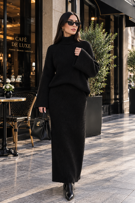 Ensemble Tricot Élégant : Haut et Jupe en Mailles Douillettes