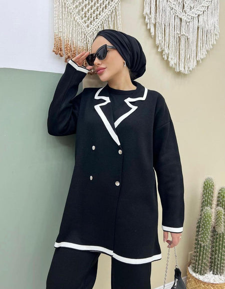 Ensemble 3 pièces Noir & Beige – Tricot Élégant & Moderne