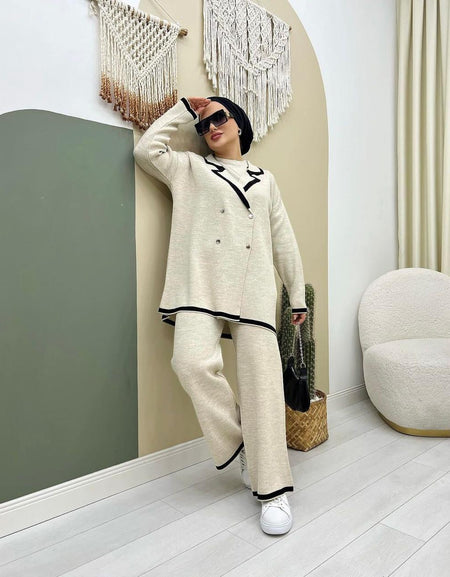 Ensemble 3 pièces Noir & Beige – Tricot Élégant & Moderne