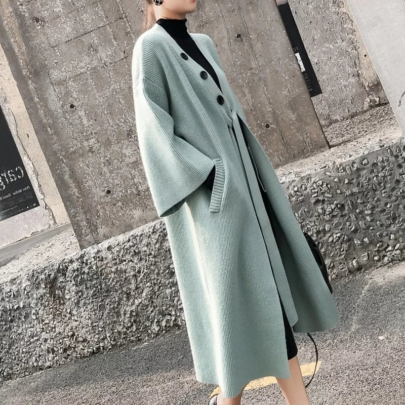 Cardigan Long en Maille Côtelée avec Ceinture Intégrée