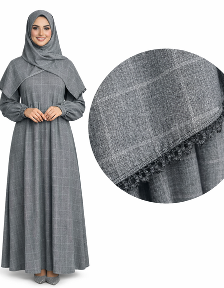 Abaya Grise à Motif Carreaux — Style Élégant & Modeste Femme