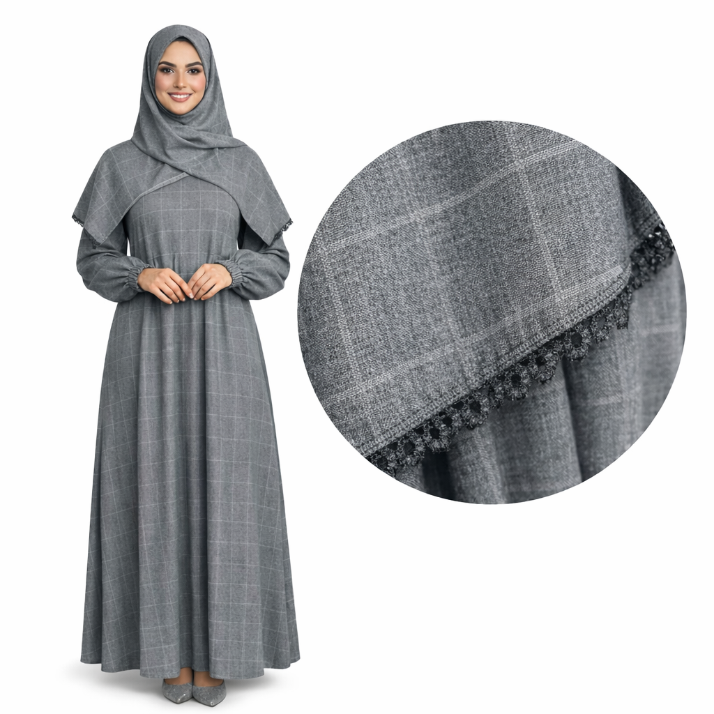 Abaya Grise à Motif Carreaux — Style Élégant & Modeste Femme