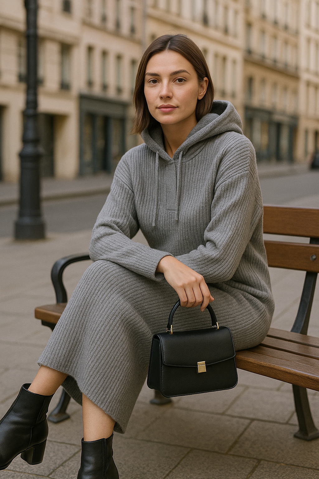 Robe Pull Longue Noire à Capuche – Élégance et Confort Urbain