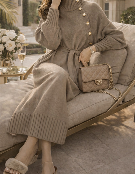 Robe  – Col Montant, Boutons Dorés & Ceinture