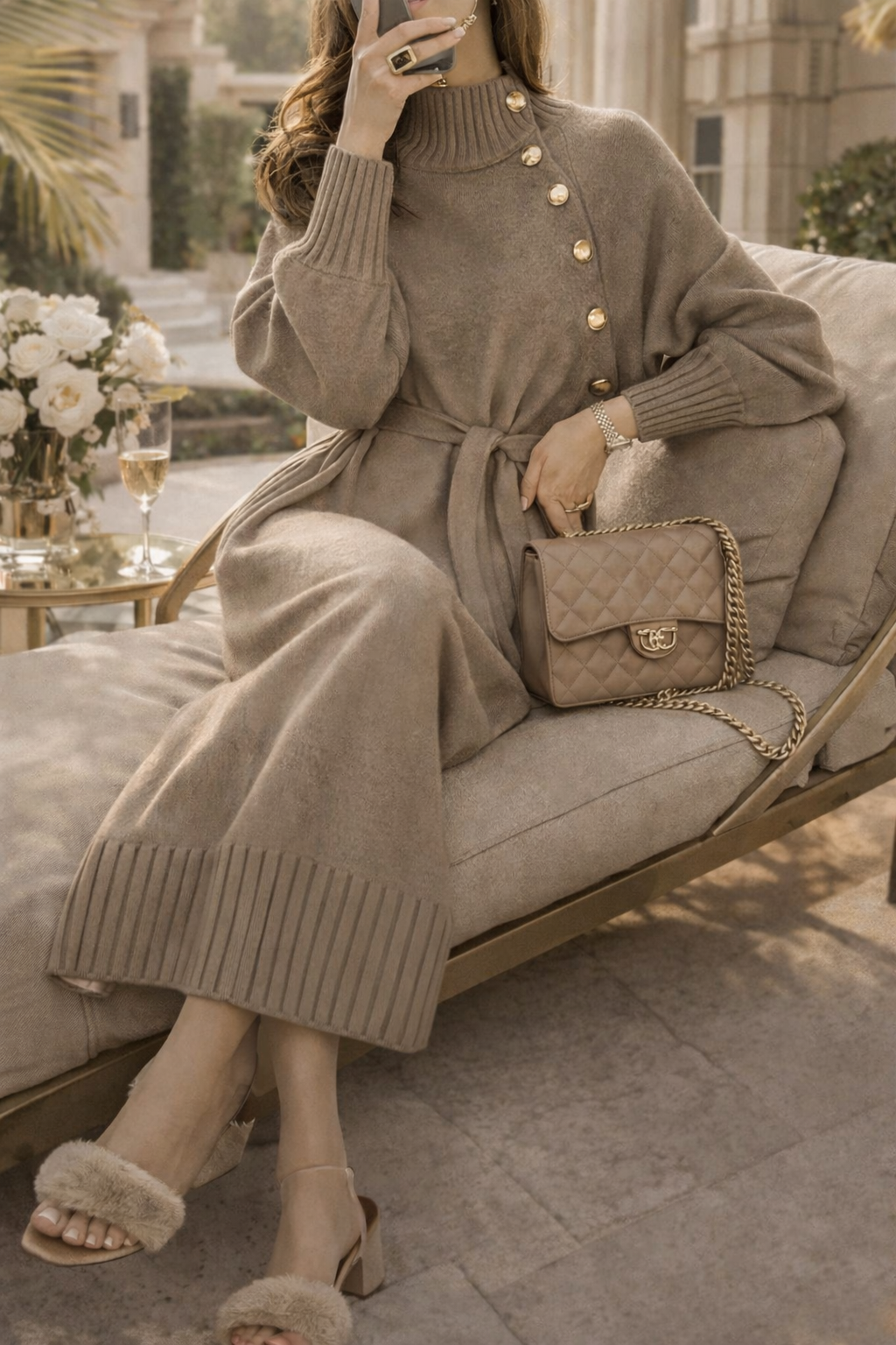 Robe  – Col Montant, Boutons Dorés & Ceinture