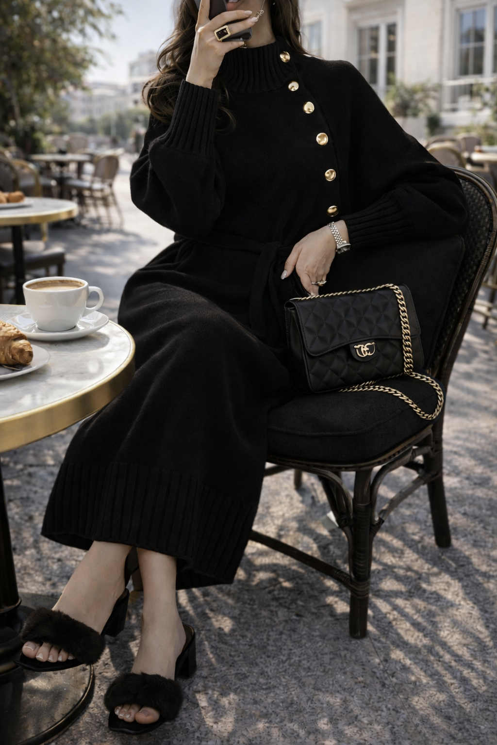 Robe  – Col Montant, Boutons Dorés & Ceinture