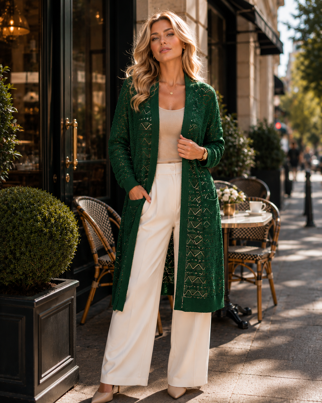 Cardigan Long Femme avec Ceinture en Maille Ajourée – Élégant & Tendance