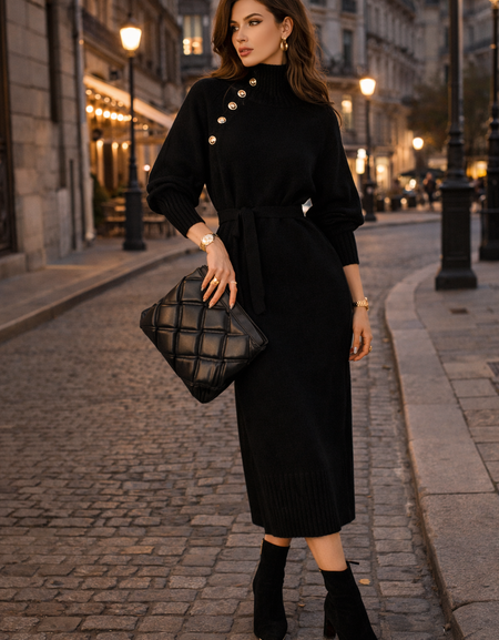 Robe  – Col Montant, Boutons Dorés & Ceinture