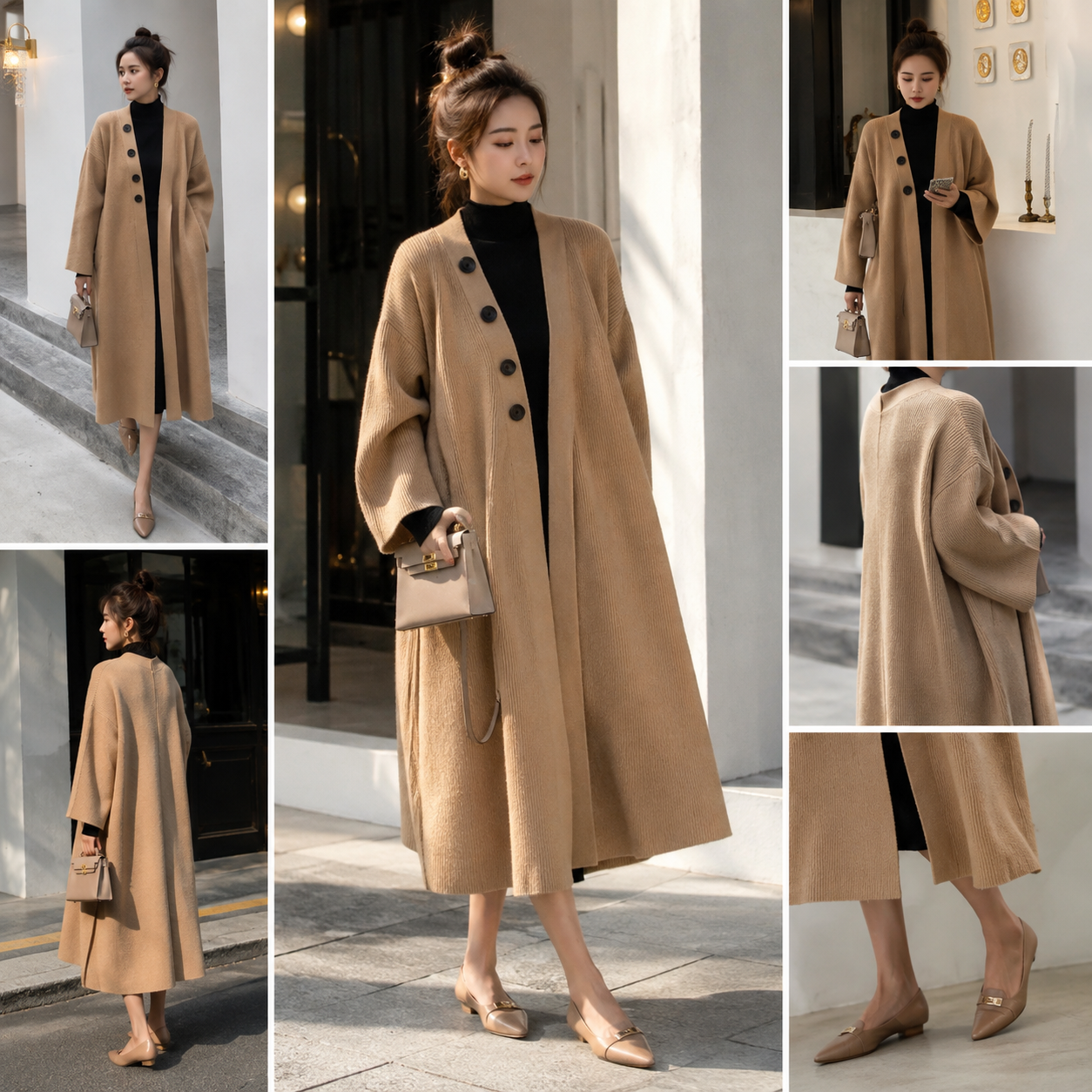 Cardigan Long en Maille Côtelée avec Ceinture Intégrée