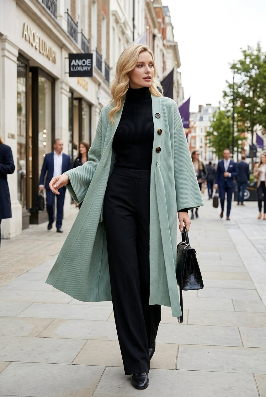 Cardigan Long en Maille Côtelée avec Ceinture Intégrée