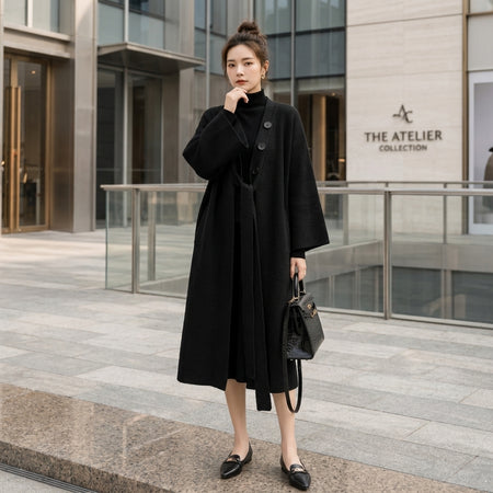 Cardigan Long en Maille Côtelée avec Ceinture Intégrée
