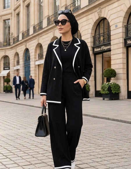Ensemble 3 pièces Noir & Beige – Tricot Élégant & Moderne