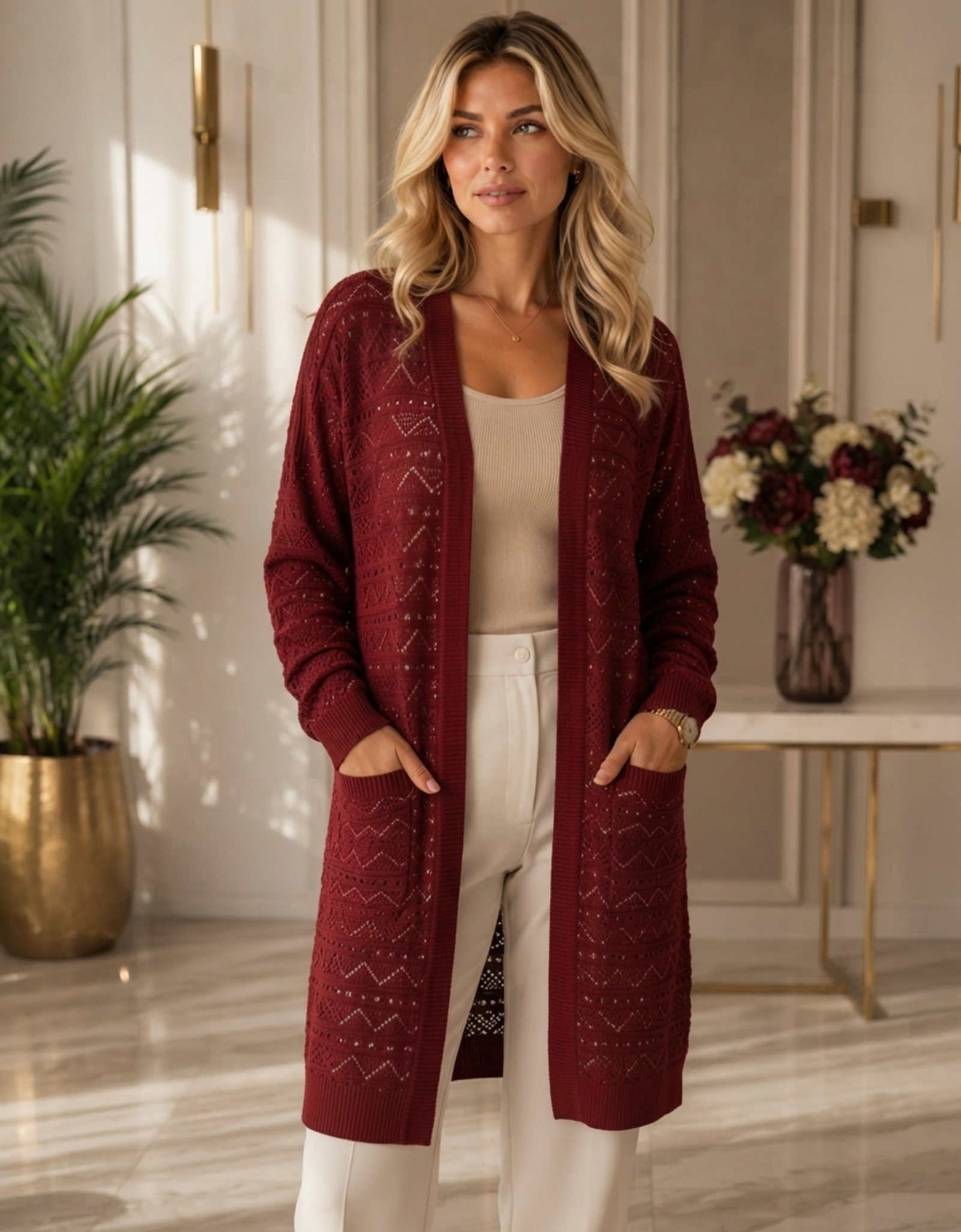 Cardigan Long Femme avec Ceinture en Maille Ajourée – Élégant & Tendance