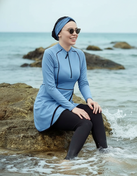 Burkini 3 Pièces Luxe – Haut Long, Pantalon & Bonnet Assorti