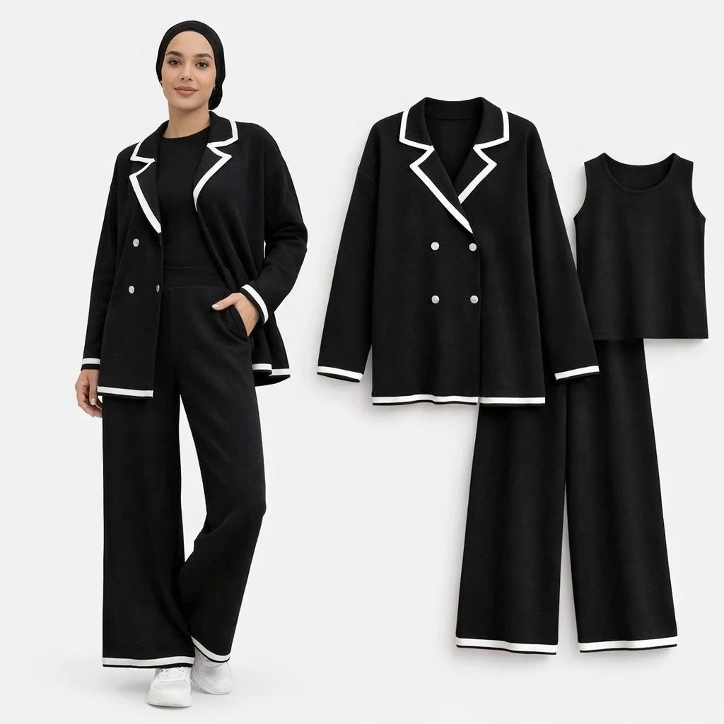Ensemble 3 pièces Noir & Beige – Tricot Élégant & Moderne