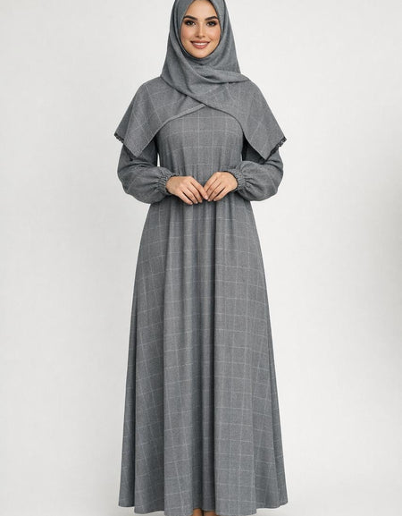 Abaya Grise à Motif Carreaux — Style Élégant & Modeste Femme