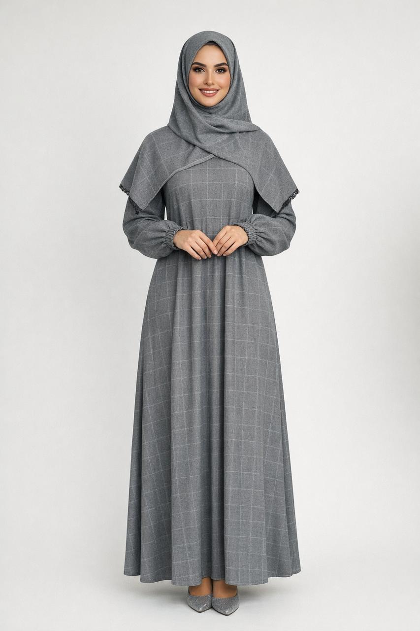 Abaya Grise à Motif Carreaux — Style Élégant & Modeste Femme