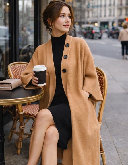 Cardigan long en maille camel femme chic